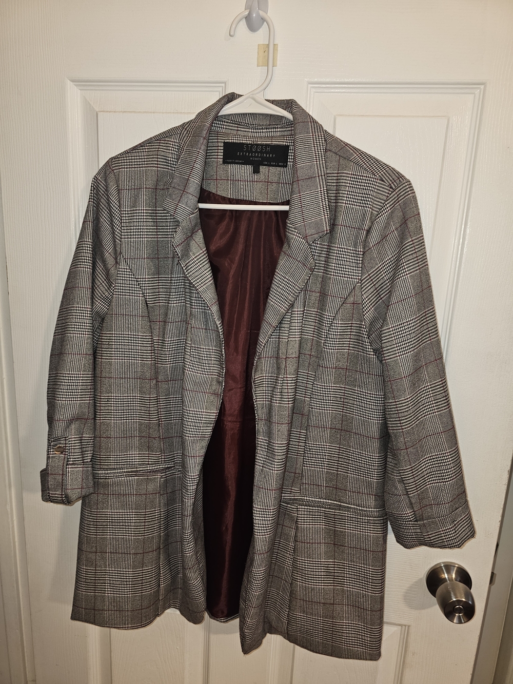Stoosh Grey Plaid Blazer with Subtle Red Windowpane
